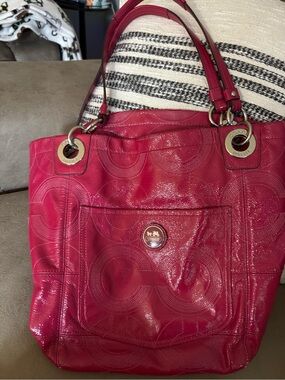 Coach Fuchsia Leather Tote with Silver Tone Accents